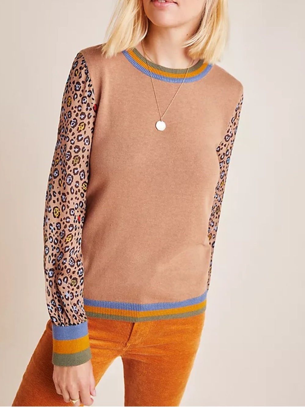 Anthropologie Conditions Apply Tan Leopard Sleeve Crewneck Sweater